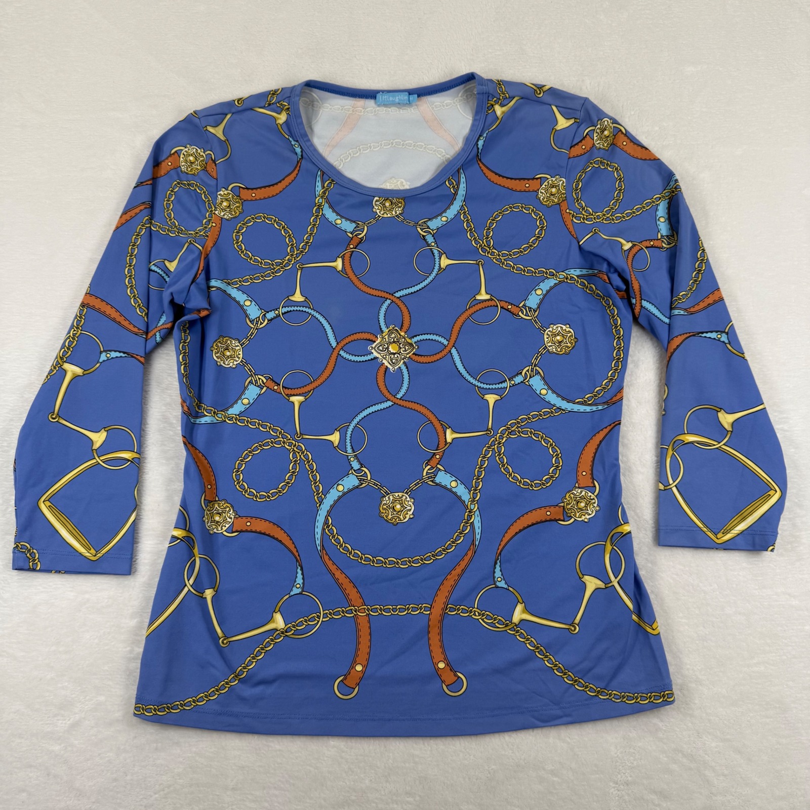 J.Mclaughlin Womens Blue Equestrian Chain Belt Print 3/4 Sleeve Top Size Medium